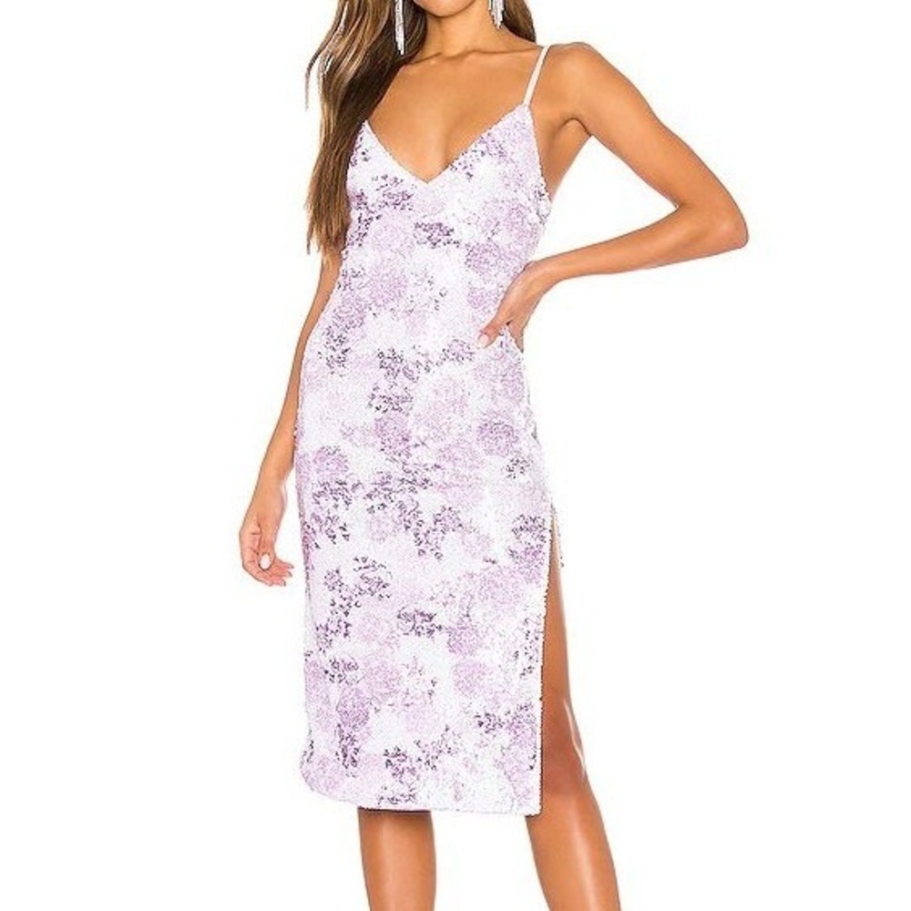 H:OURS Sequin Midi Dress Womens‎ XXS Purple Floral Bodycon Cocktail Formal Glam
